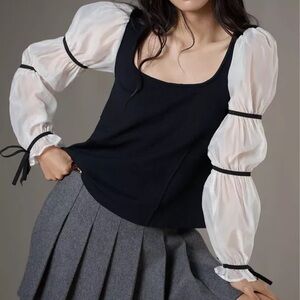 Anthropologie Maeve Black and White Balloon Sleeve Top